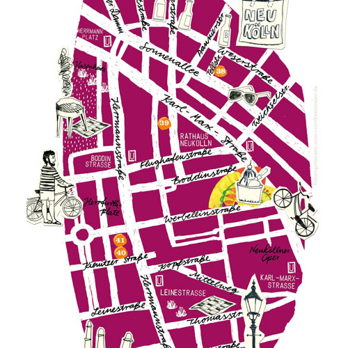 Illustrierter Stadtplan für die LANGE NACHT DER ILLUSTRATION, Stadtteil Neukölln