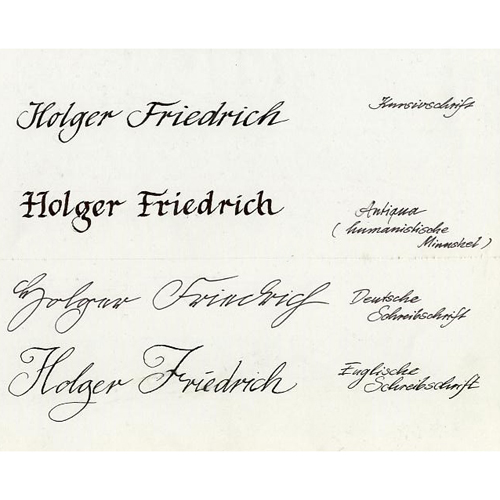 verschiedene Schriften zum Vergleich: Kursivschrift Antiqua, deutsche Schreibschrift, englische Schreibschrift, Kalligrafie