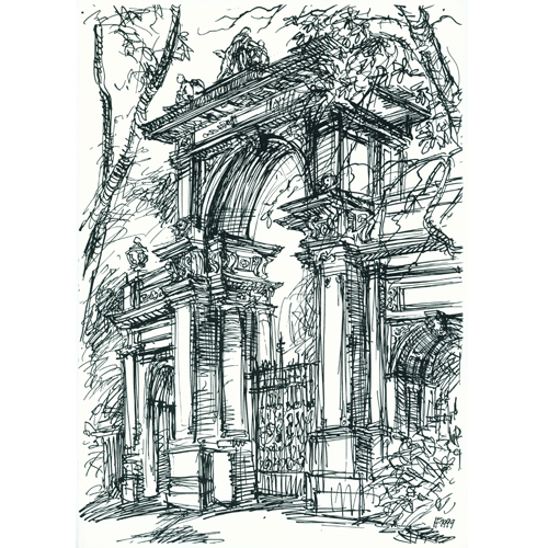 Barockes Tor zum Volkspark Pankow, Feder-Skizze für eine Broschüre