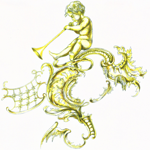 Variante eines Rokoko-Ornaments, Farbzeichnung