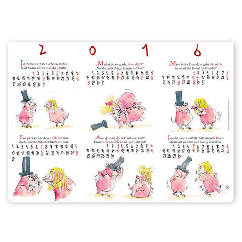 Kalender mit ungewöhnlichem Kalendarium, illustrierter Kalender mit menschlichen Schweinen
