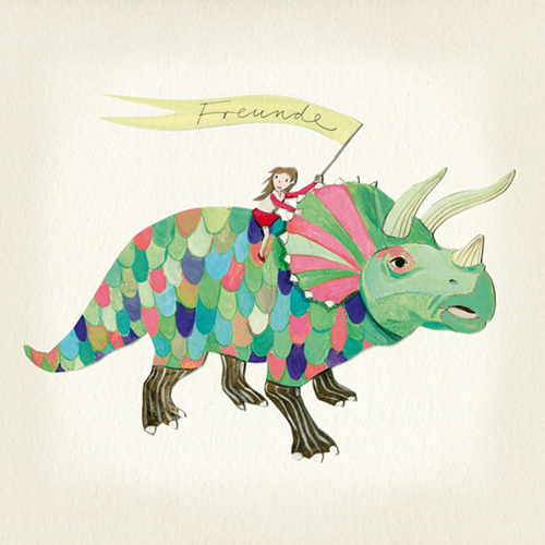 Freunde, Triceratops mit Mädchen, Illustration für ein Kinderzimmer-Poster