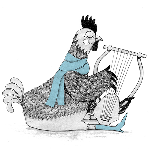 Huhn spielt Harfe, Illustration für einen Geburtstagskalender