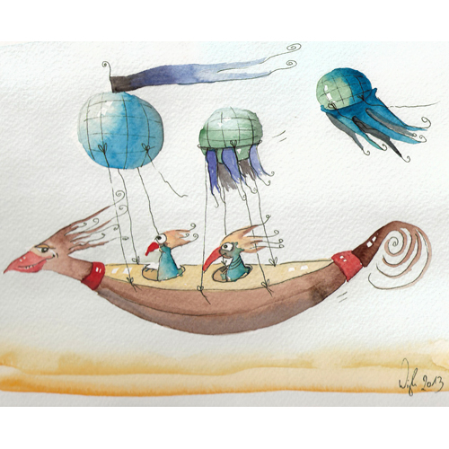 Weit oben in den hohen Lüften, zwei Vögel durch die Wolken driften, Illustration