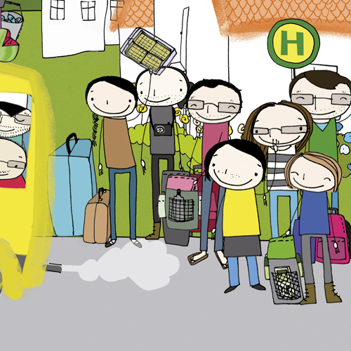 Freunde an der Bushaltestelle, digital kolorierte Tusche- und Tinte-Zeichnung, Illustrationen
