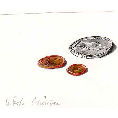 historische Münzen, Bleistiftzeichnung aquarelliert und mit verschiedenfarbigen Feinlinern betont