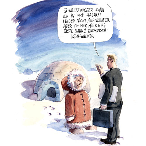 Cartoon für den Nabu zum Thema Rußfrei für's Klima, Versicherungsvertreter am Nordpol