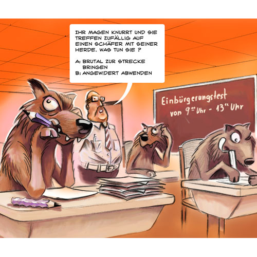 Einbürgerungstest? Cartoonbeitrag für einen Wettbewerb zum Thema Cartoons für Wölfe der vom NABU ausgeschrieben wurde
