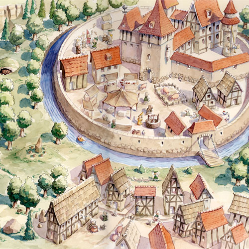 Illustrator für Wimmelbilder, mittelalterliche Stadt mit Burg und Stadtmauer