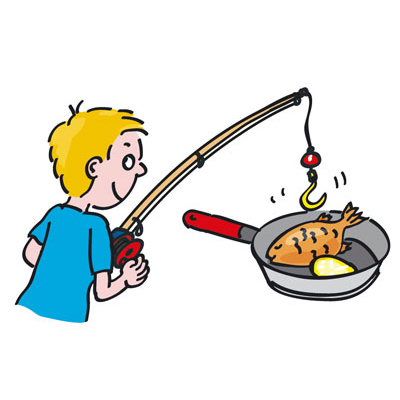 Angler an der Bratpfanne, Für Kinder Kochen, Barmer GEK, Cartoon
