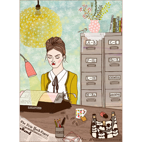 Die Sekret�rin, Editorial-Illustration, inspiriert von der Herbst/Winter 2013 Kollektion der britischen Designerin Orla Kiely.