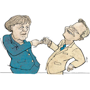 Angela Merkel und Guido Westerwelle, Porträtzeichnungen nach Fotovorlagen