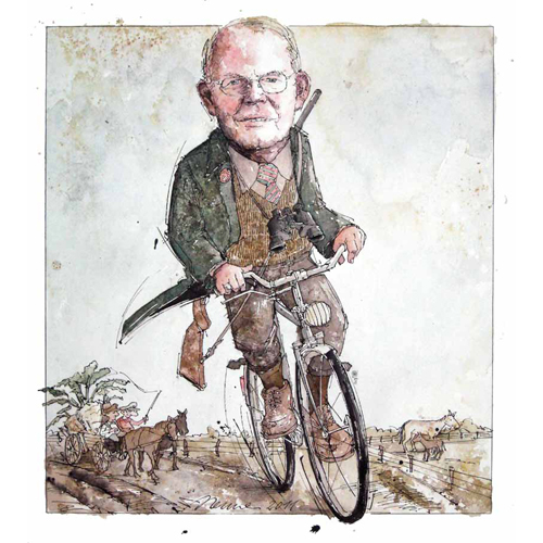 Mann auf einem altertümlichem Fahrrad, Porträts