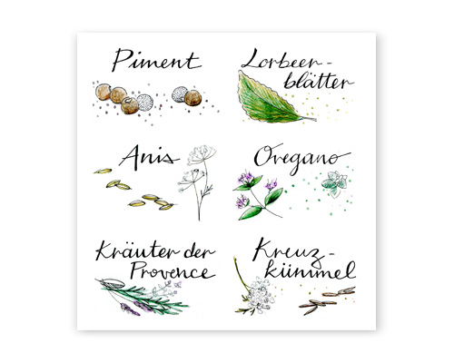 Piment, Lorbeerblätter, Anis, Oregano, Kräuter der Provence, Kreuzkümmel - Etiketten für Gewürze