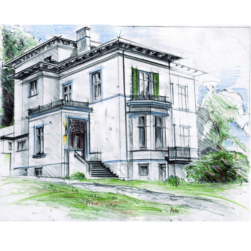 Villa an der Alster in Hamburg - Blei- und Buntstift - Auftrag vom Kunden, der sein Haus verkauft hat, als Erinnerung