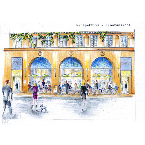 Entwurf eines Restaurants in München, Buntstift und Faserschreiber, Architekturzeichnungen
