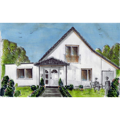 Einfamilienhaus für die Homepage und den Flyer eines Immobilienbüros , Buntstift und Faserschreiber, Architekturzeichnungen