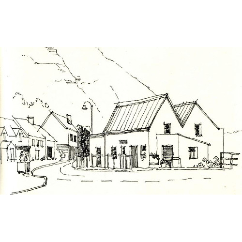 Straßenansicht in Connemara, Irland, Buntstift und Faserschreiber, Architekturzeichnungen