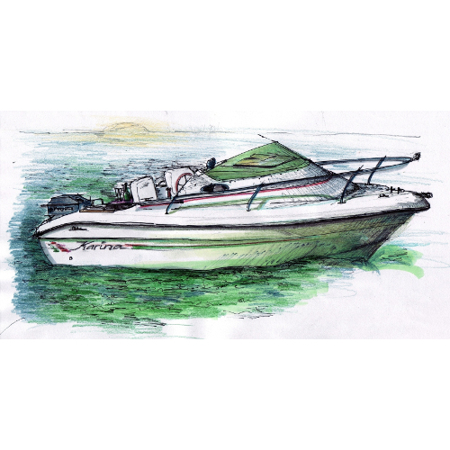 Motorboot Karina, Faserschreiber, Buntstift + Copics, Illustrationen