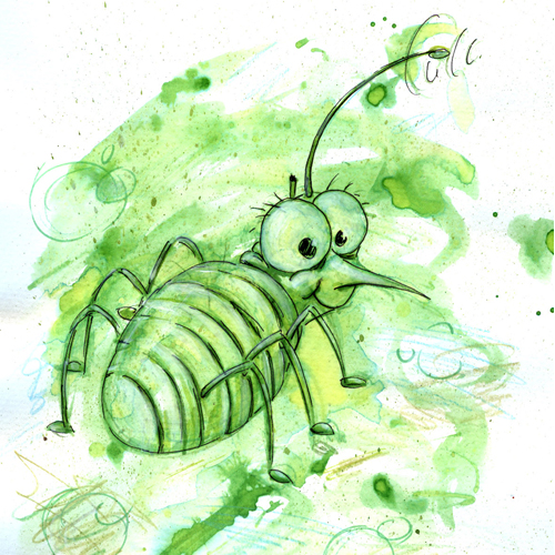 Die Blattlaus, Tusche, Bunstift, Fineliner, Aquarellstift, Illustration für ein Kinderbuch