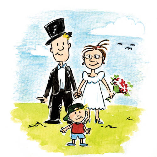 Hochzeit, Illustration für eine Einladungskarte, Zeichnung nach Fotovorlagen und erlebten oder geschilderten Situationen 