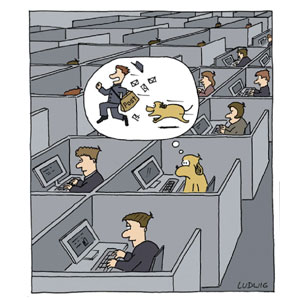 Hundstage, Cartoon: Träume im Großraumbüro