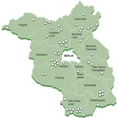 Übersichtskarte Brandenburg für die Aktion Nachhaltige Entwicklung, Lokale Agenda 21 im Land Brandenburg, Vektorgrafik