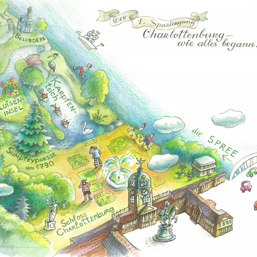 gezeichneter Plan des Schlossparks Charlottenburg (Berlin) Illustrationen für Kinderbücher