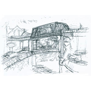 freihändige, künstlerische Architekturzeichnungen: Berlin, Möckernbrücke