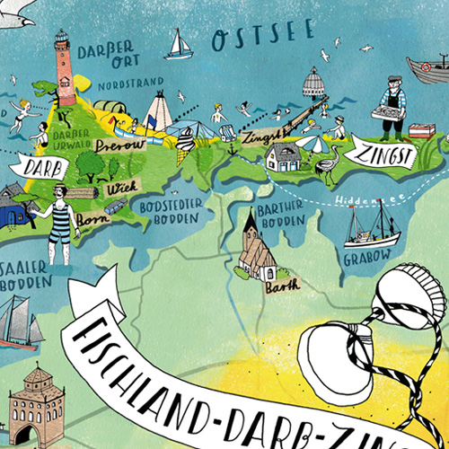 Illustrierte Karte von Fischland-Darß-Zingst, Illustrierte Landkarten