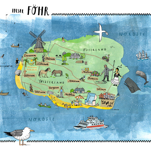 Illustrierte Karte der Nordseeinsel Föhr, für eine Ausstellung im Friesen Museum Föhr