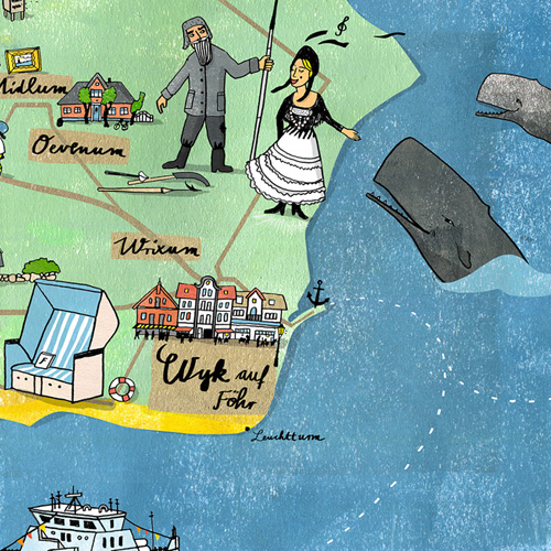Illustrierte Inselkarte der Nordseeinsel Föhr, Illustrierte Landkarten