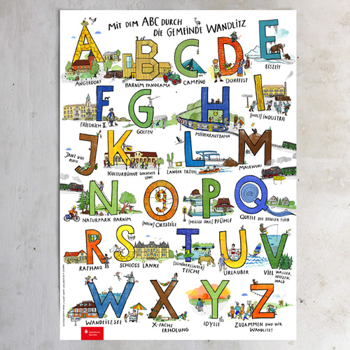»Mit dem ABC durch die Gemeinde Wandlitz«, Plakat, Illustrierte Alphabete