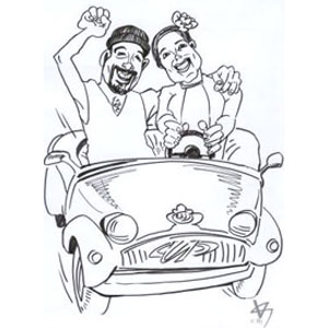 wir haben geheiratet, Karikatur eines Hochzeitspaares für die Danke-Karten