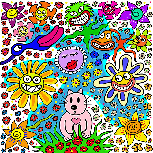 Blumenwald, witzige, wimmelige Illustrationen im Cartoonstil