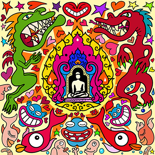 Powermandala, witziger Wimmelbild-Cartoon, Vektorgrafik / Illustrator