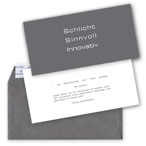 Schlicht - sinnvoll - innovativ, Weihnachtsgrüße bestehend aus zwei Postkarten und einem Umchlag