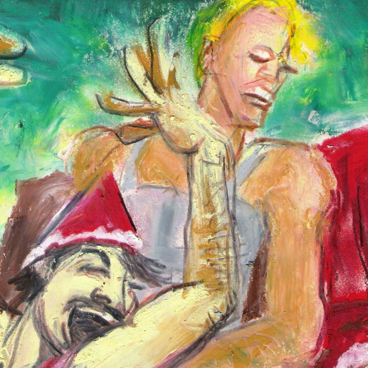 hübsche Weihnachtsmänner bei der Probe, Ausschnitt der Weihnachtskarte