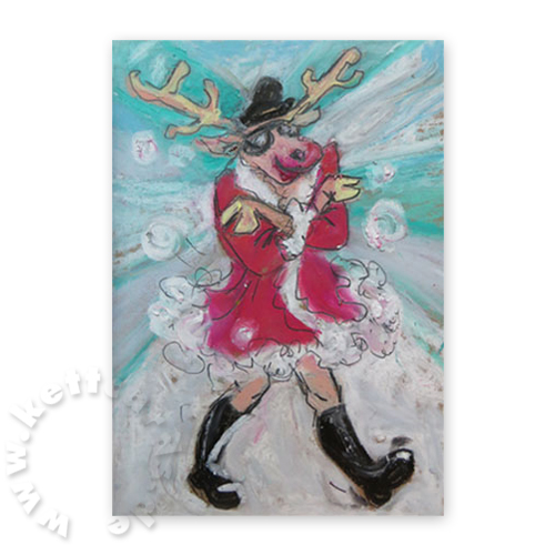 Rudolf mit schwarzem Lederkäppi, schwarzen Stiefeln und Sonnenbrille, Weihnachtskarten
