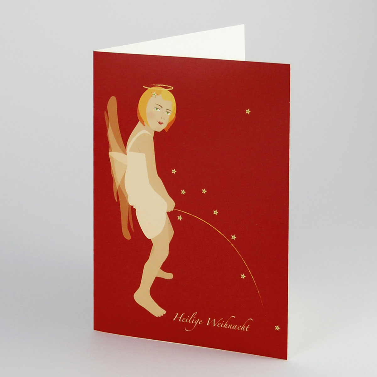 Engelsregen, witzige Weihnachtskarte mit androgynem, pinkelndem Engel