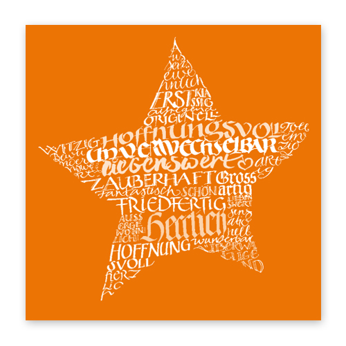 unverwechselbar, liebenswert, zauberhaft, orange Weihnachtskarten mit Kalligrafie