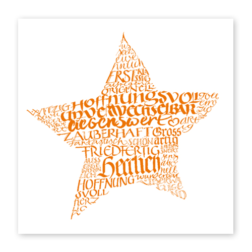 kalligrafischer Stern, quadratische Weihnachtskarten mit orangem Druck