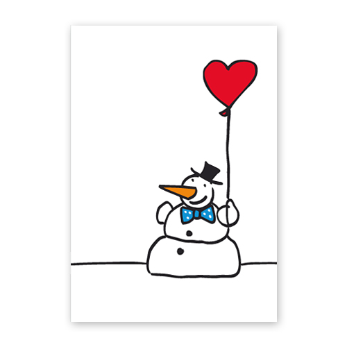 Schneemann mit Luftballon in Herzform, sympathische Weihnachtskarten