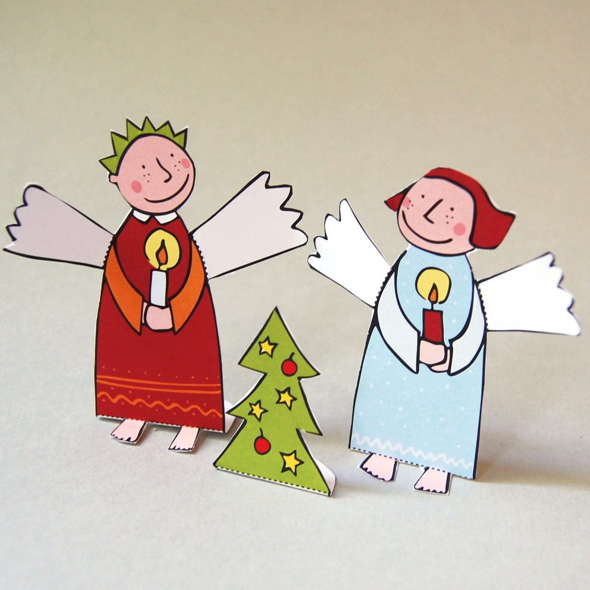 Weihnachtskarten zum Basteln von zwei Engelchen und einem Weihnachtsbaum zum Hinstellen