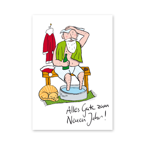 Der Weihnachtsmann nimmt nach der anstrengenden Arbeit ein Fußbad. Neujahrskarten, Alles Gute zum Neuen Jahr!