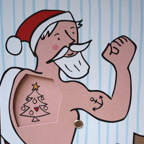 tätowierter Weihnachtsmann: witzige, mechanische Weihnachtskarten mit Drehscheibe