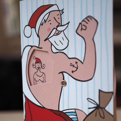 Weihnachtsmann mit Tattoos: witzige Weihnachtskarten mit Drehscheibe