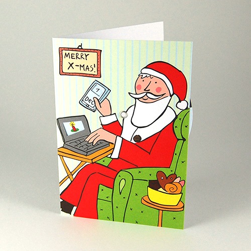 Der Weihnachtsmann am Laptop, Adventskarten mit Drehscheibe