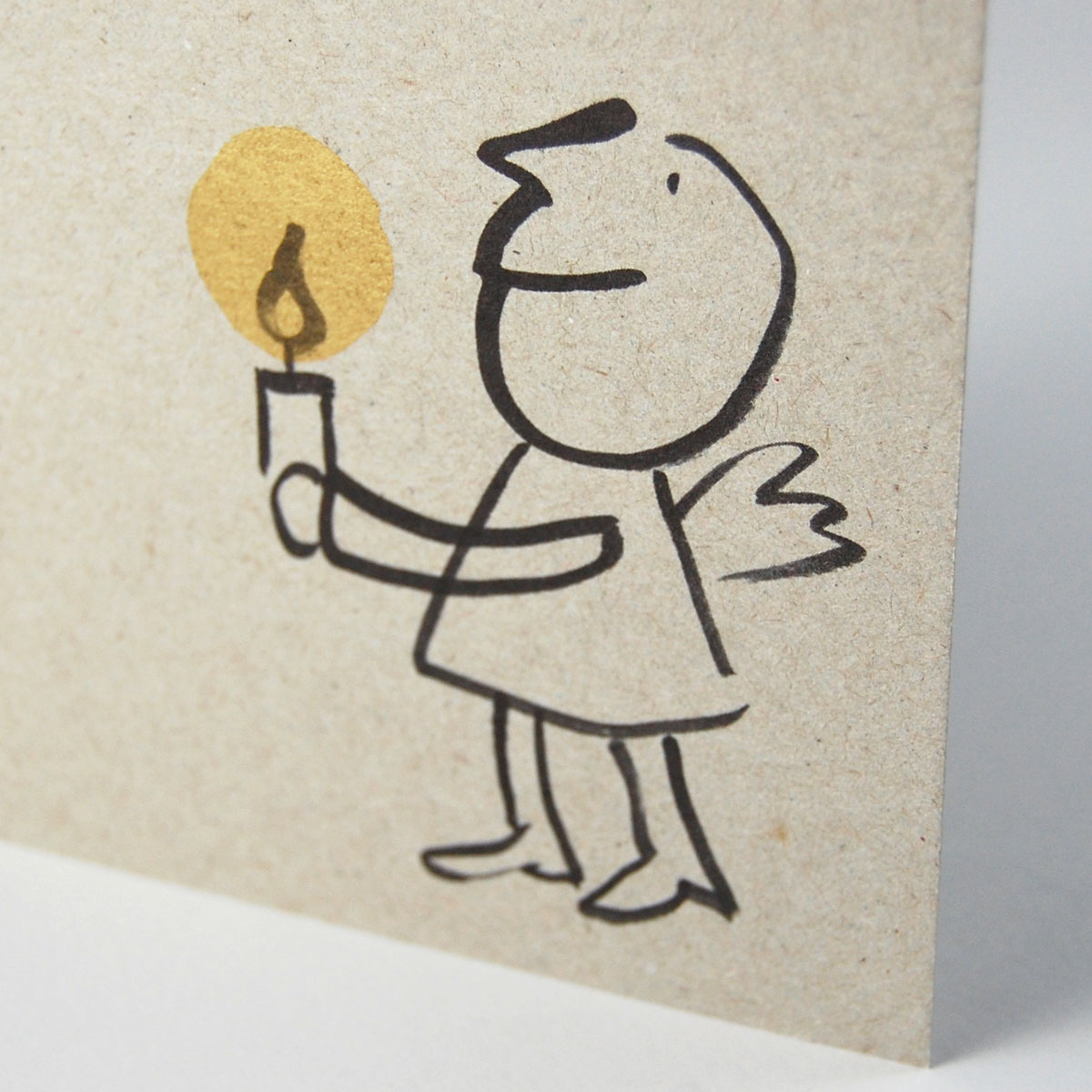Engelchen mit Kerze und Schriftzug Frohes Fest! - graue Recycling-Weihnachtskarten mit goldenem Druck