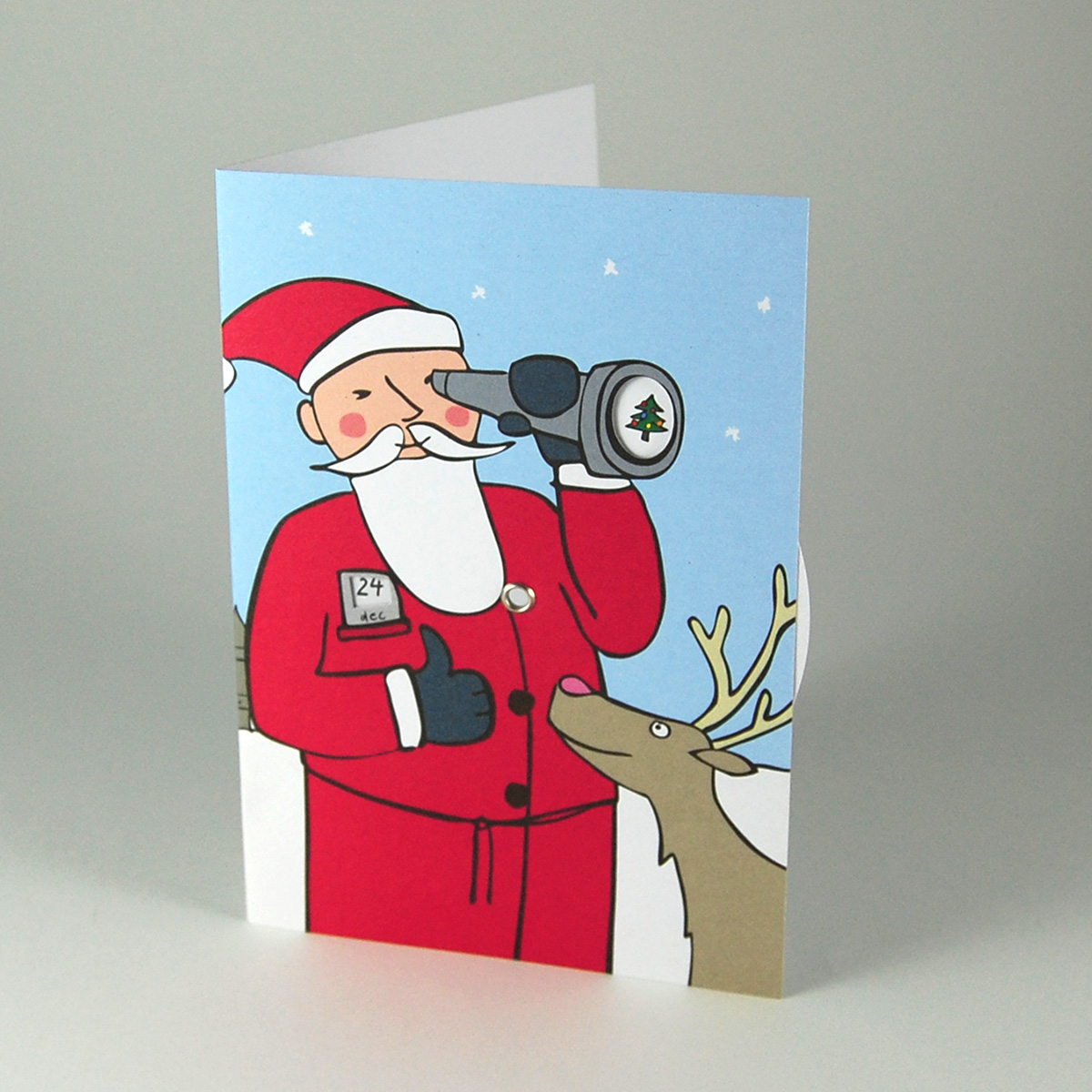 Was kommt? - Weihnachtsmann blickt mit einem Fernrohr in die Landschaft - Adventskarten mit Drehscheibe